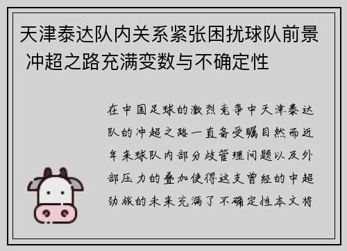 天津泰达队内关系紧张困扰球队前景 冲超之路充满变数与不确定性 天津泰达队内关系紧张困扰球队前景 冲超之路充满变数与不确定性