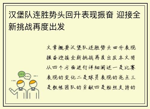 汉堡队连胜势头回升表现振奋 迎接全新挑战再度出发 汉堡队连胜势头回升表现振奋 迎接全新挑战再度出发